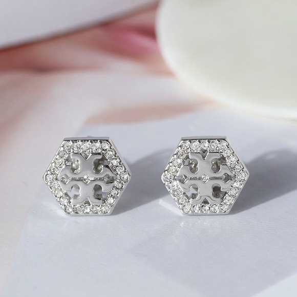 Tory Burch Kira Elegant Silver Hexagon Stud Earrings - Picture 1 of 4